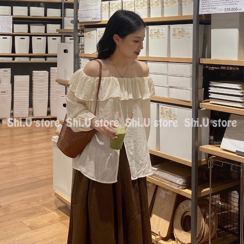 Áo trễ vai babydoll viền bèo voan tơ tay bồng bo chun 4 màu phong cách tiểu thư