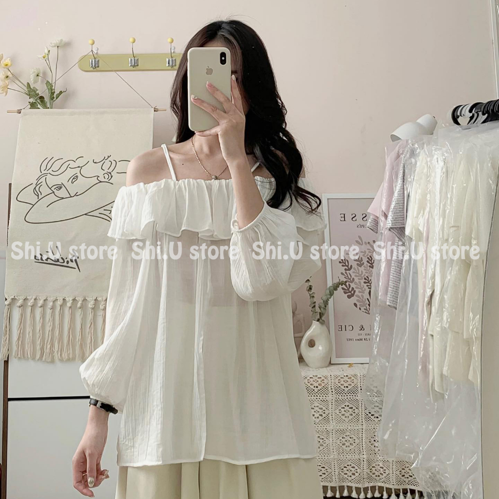 Áo trễ vai babydoll viền bèo voan tơ tay bồng bo chun 4 màu phong cách tiểu thư