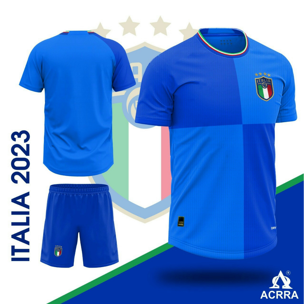 Bộ quần áo đá bóng đội tuyển ý màu xanh biển blue phân kẻ ô vuông cao cấp mới 2023 logo thêu - acrra