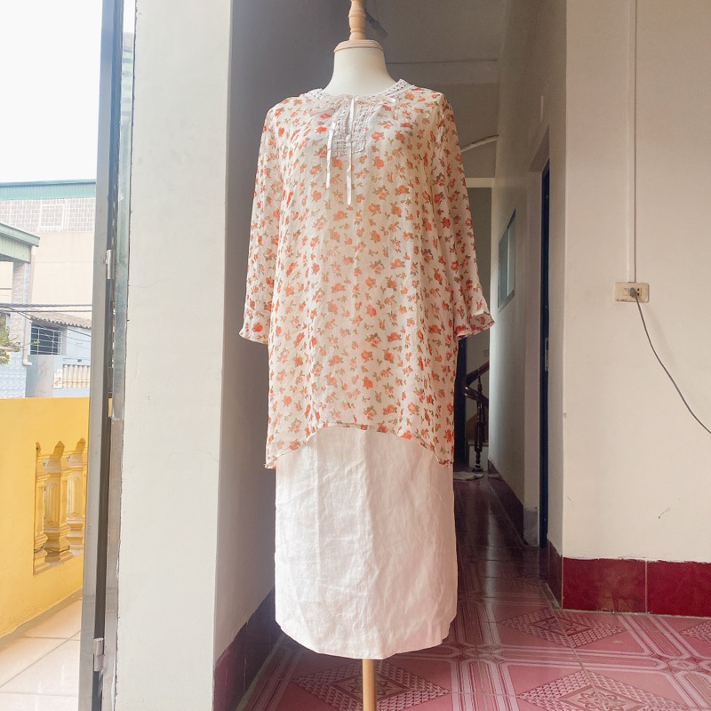 Set 2hand áo hoa và váy linen vintage