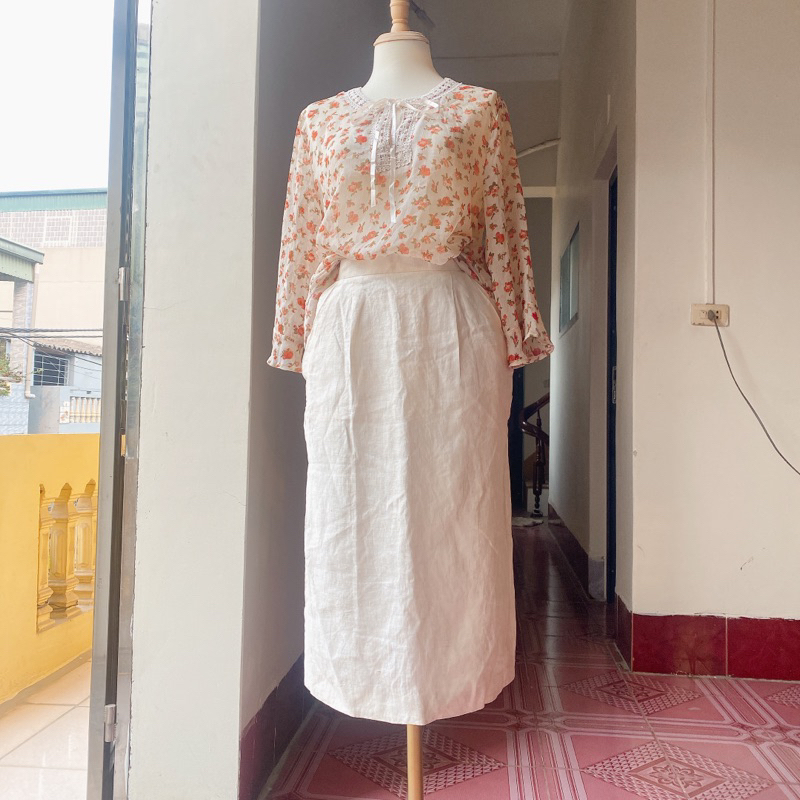 Set 2hand áo hoa và váy linen vintage