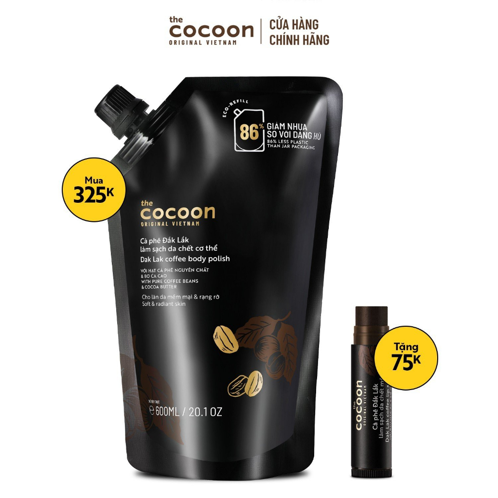 SPECIAL DEAL cà phê Đắk Lắk làm sạch da chết cơ thể Cocoon 600ml - Tặng tẩy da chết môi cà phê Đắk Lắk Cocoon 5g