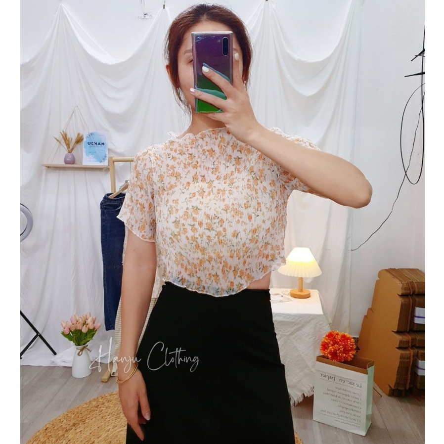 Set Áo Cộc Tay Hoa Nhí Dáng Ngắn Tơ Vân Sóng Kèm Áo Quây - Hanju