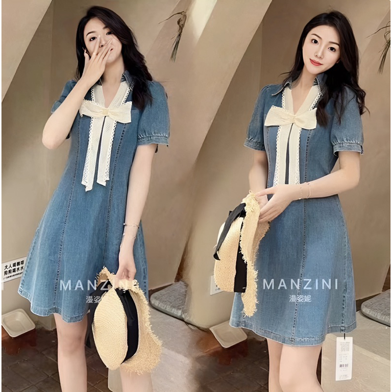 HÀNG QUẢNG CHÂU CAO CẤP) VÁY ĐẦM JEAN MỀM MẠI - DÁNG XÒE CHỮ A - PHỐI REN NƠ XINH XẮN