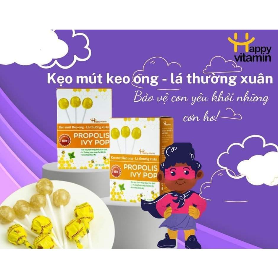 Kẹo Mút Ho Keo Ong Lá Thường Xuân Happy Vitamin - Giảm Ho, Ngăn Đau Rát Họng Hộp 12 Cái