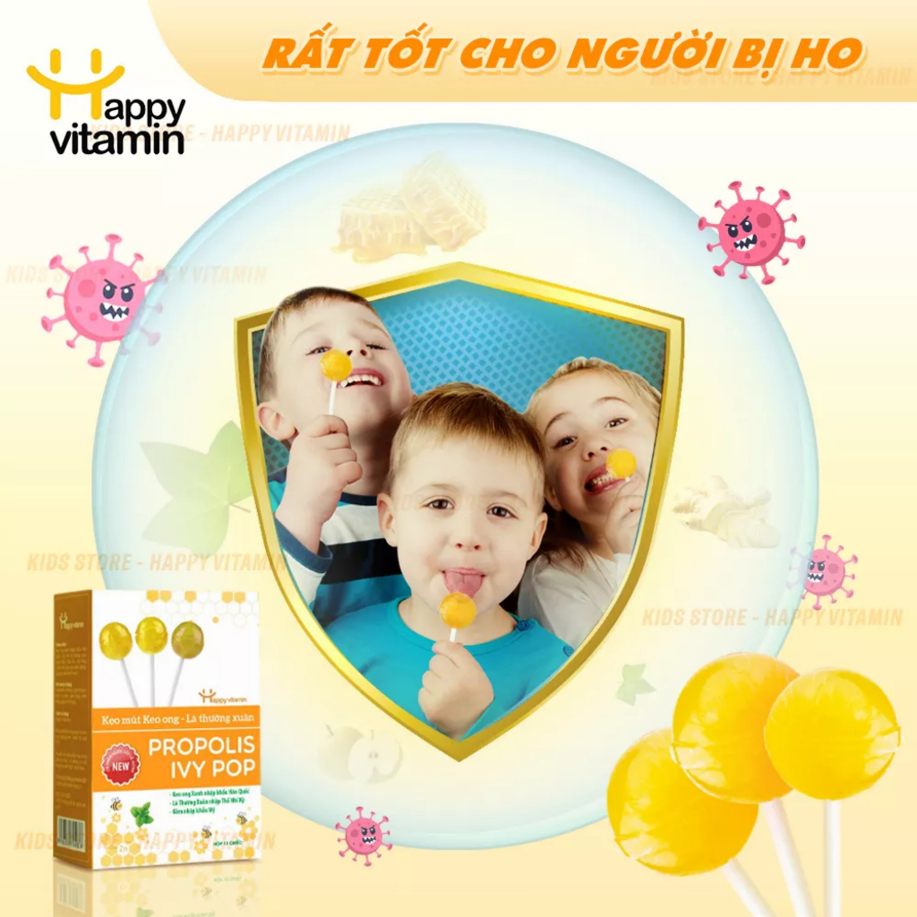 Kẹo Mút Ho Keo Ong Lá Thường Xuân Happy Vitamin - Giảm Ho, Ngăn Đau Rát Họng Hộp 12 Cái