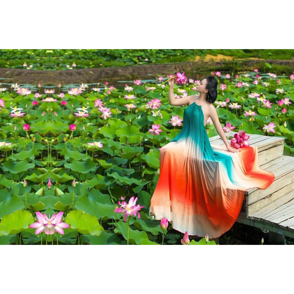 Đầm maxi đi biển Dập Ly loang màu cầu vòng cổ yếm có mút ngực thả dáng xinh đẹp cá tính sống ảo