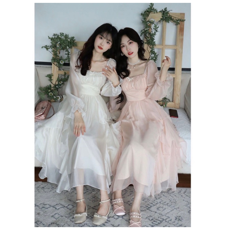 Váy Trắng Dài Tầng Viền Ngọc Tiểu Thư Đi Đám cưới , Đi chơi , Chụp Kỉ Yếu