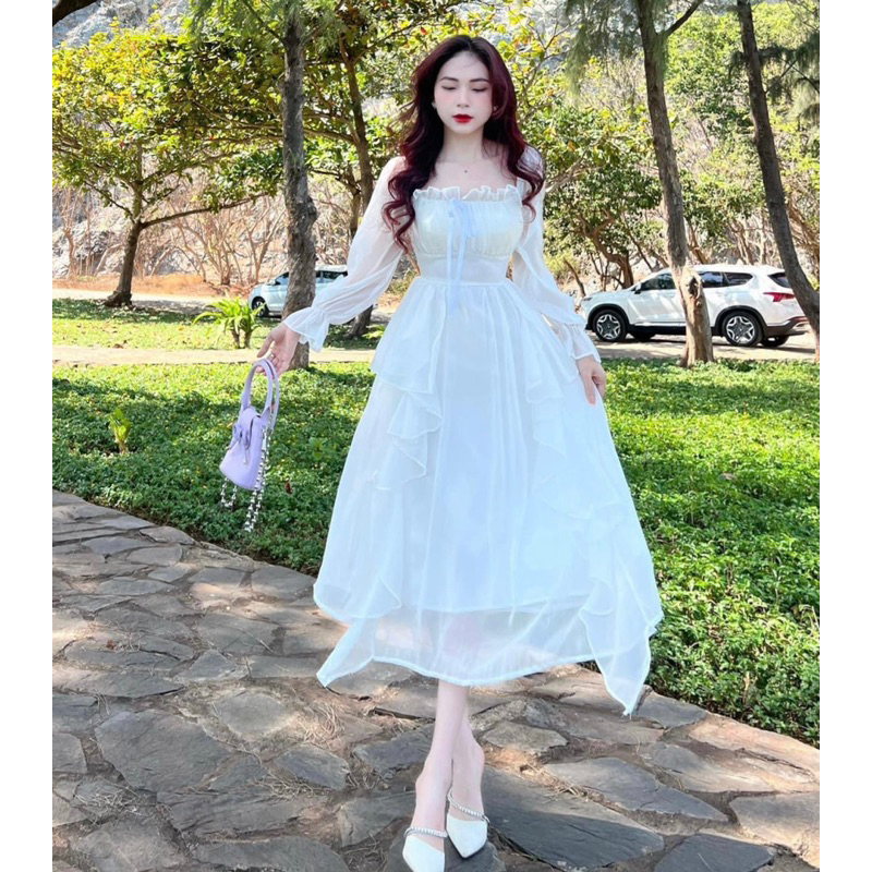 Váy Trắng Dài Tầng Viền Ngọc Tiểu Thư Đi Đám cưới , Đi chơi , Chụp Kỉ Yếu