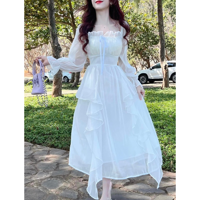 Váy Trắng Dài Tầng Viền Ngọc Tiểu Thư Đi Đám cưới , Đi chơi , Chụp Kỉ Yếu