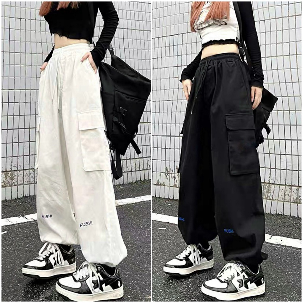 Quần kaki Cargo dài fushii ống rộng túi hộp màu ĐEN / TRẮNG form nam nữ unisex siêu đẹp 2023