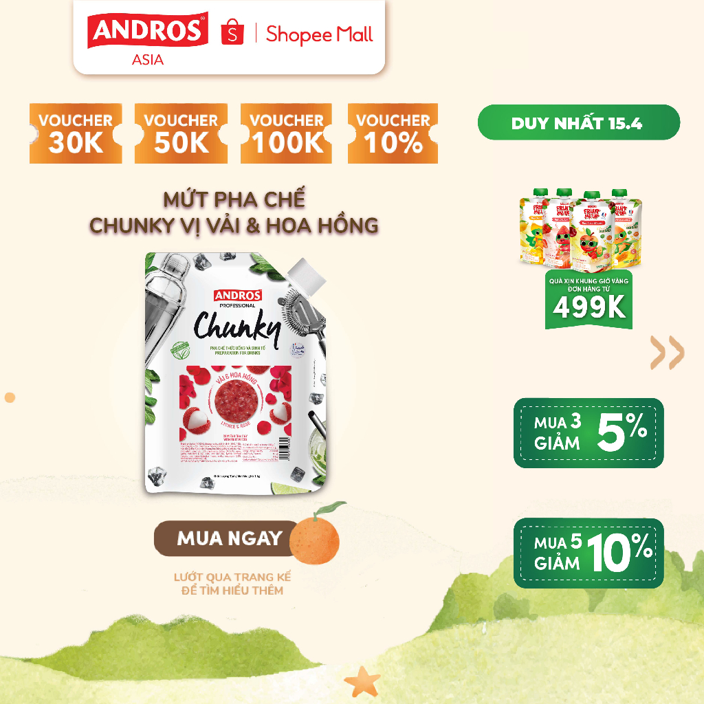 Mứt Trái Cây Pha Chế Vải & Hoa hồng - Có miếng trái cây thật - ANDROS CHUNKY - 1kg