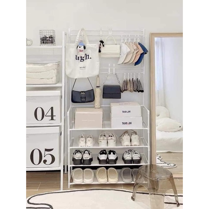 Kệ Treo Tích Hợp Giá 4 Tầng, Hai Màu Đen Trắng, Khung Sắt Sơn Tĩnh Điện.