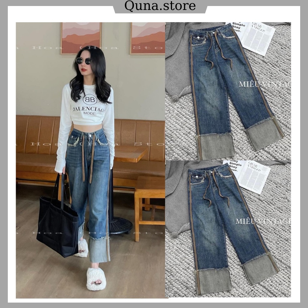 Quần bò jeans vấn gấu viền nâu ống xuông from rộng phong cách trẻ trung