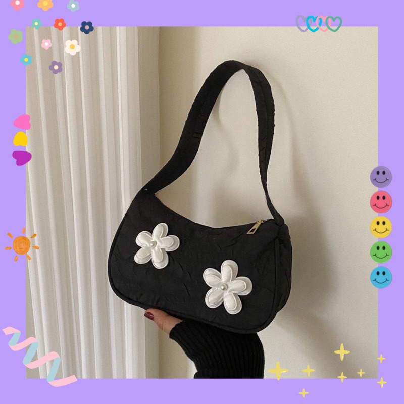 Túi xách đeo vai dáng oval đính Hoa trắng 💛 siêu cuteee