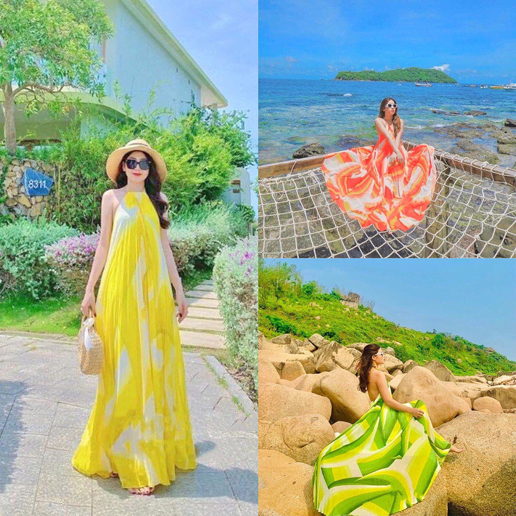 Váy maxi cổ yếm dập ly loang màu xinh đẹp đầm nữ maxi đi biển sang chảnh cá tính du lịch đi dạo chụp hình dễ thương