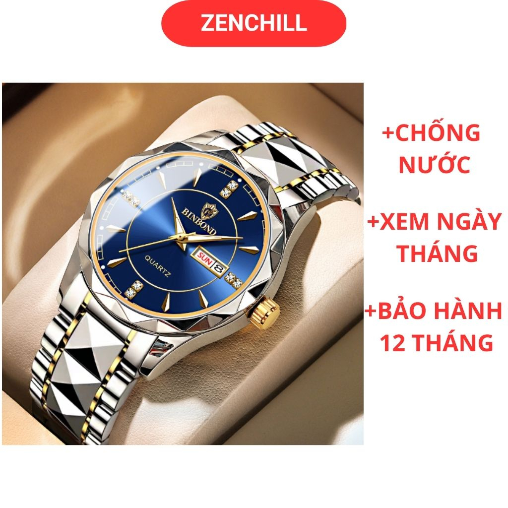 Đồng hồ đeo tay nam chống nước xem ngày tháng, đồng hồ nam dây thép kim loại thời trang