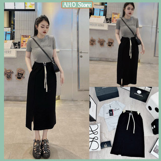 Set Váy Nữ Áo Thun Ôm Body In Chữ Sorry Mix Chân Váy Xoè Dáng Dài Xẻ Tà Freesize