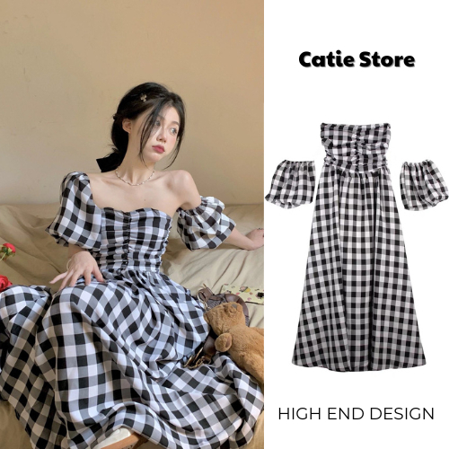 Váy ulzzang trễ vai kẻ caro đen, đầm xòe cúp ngực dáng dài đi chơi, đi biển xinh xắn