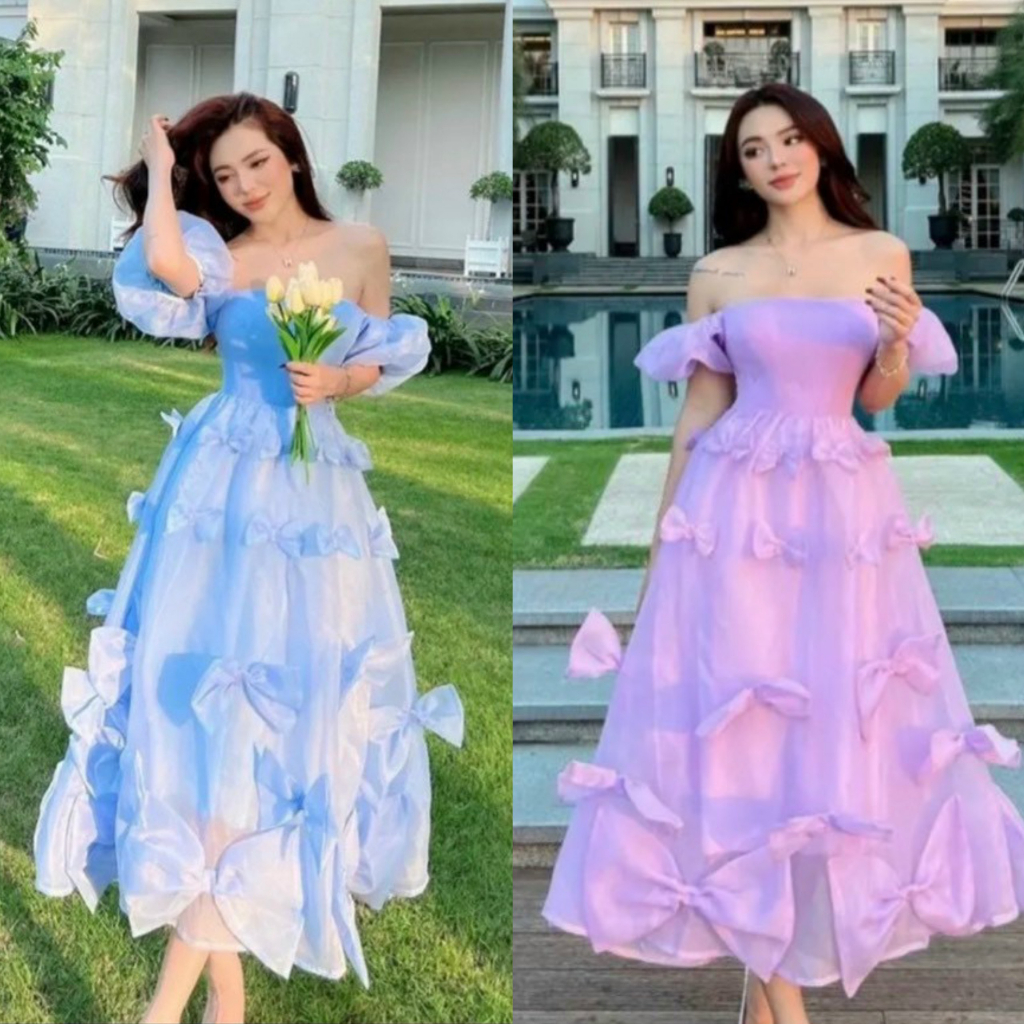 Đầm maxi tơ lụa đính nơ tay phồng mang được 2 kiểu siêu xinh xắn với 3 tone màu dễ thương, dành cho các nàng đi biển