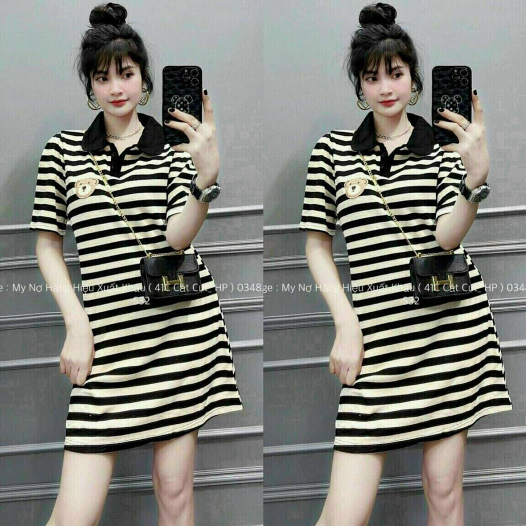 Đầm thun gân cổ sơ mi kẻ sọc thêu gấu siêu đáng yêu, tôn dáng dành cho các chị em diện đi chơi, đi dạo phố