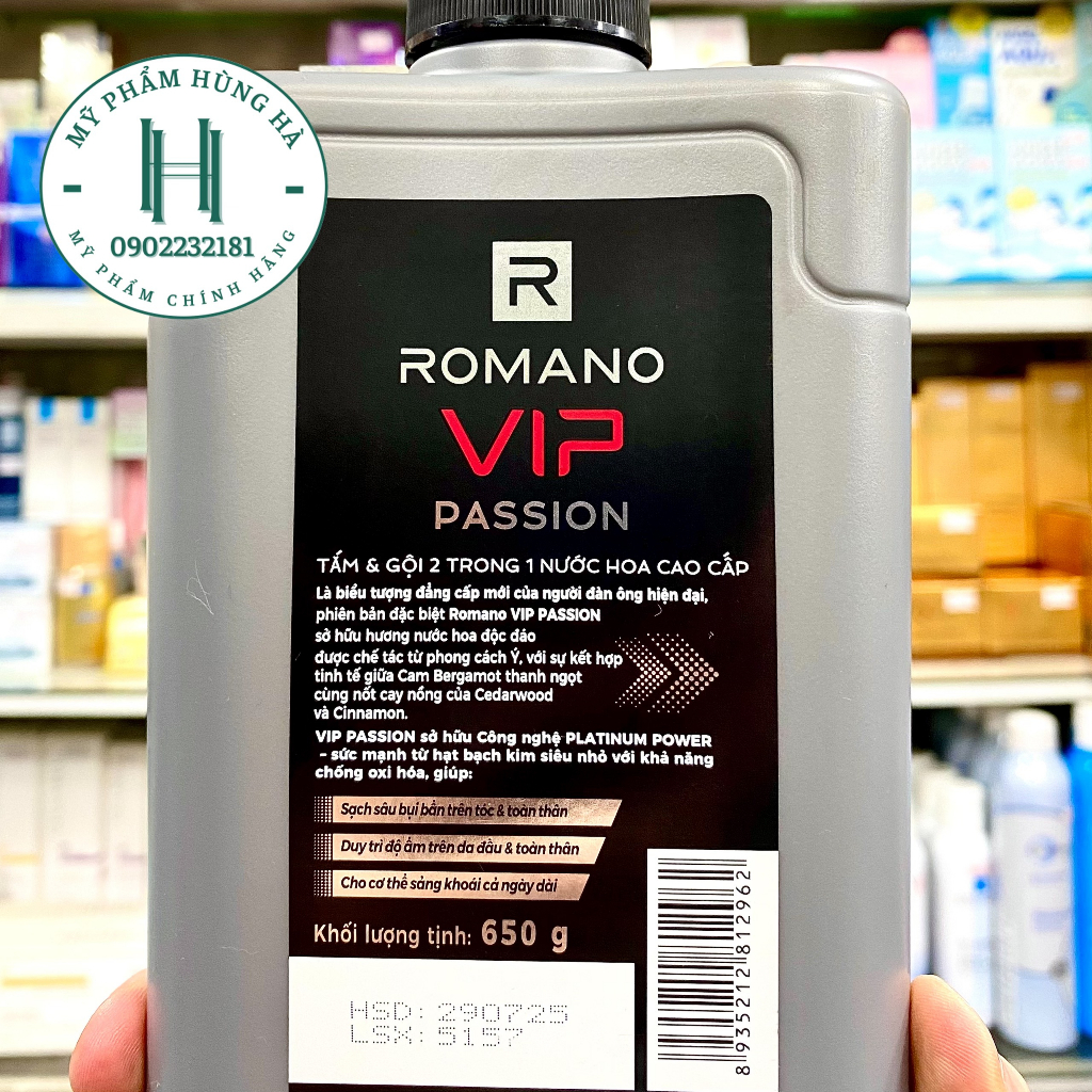 Dầu tắm gội Romano Vip Passion 2 in 1, sữa tắm gội nước hoa nam cao cấp 2 trong 1 650g