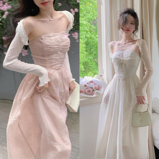 Set đầm midi voan ống cúp nơ ngực dáng corset nhún thun lưng + Áo khoác crop voan mỏng