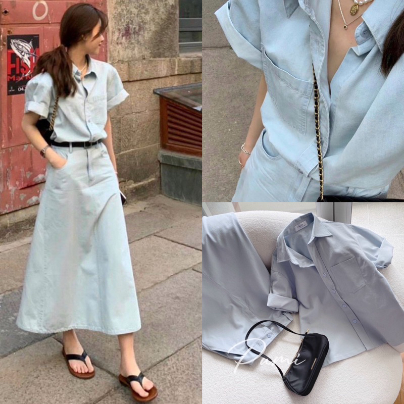 Set denim áo sơ mi xanh có túi kèm chân váy midi xoè dài lưng thun sau freesize Pumi 14377