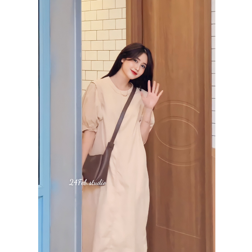 Váy đũi viền chỉ tay bồng dáng dài phong cách Vintage Hàn Quốc