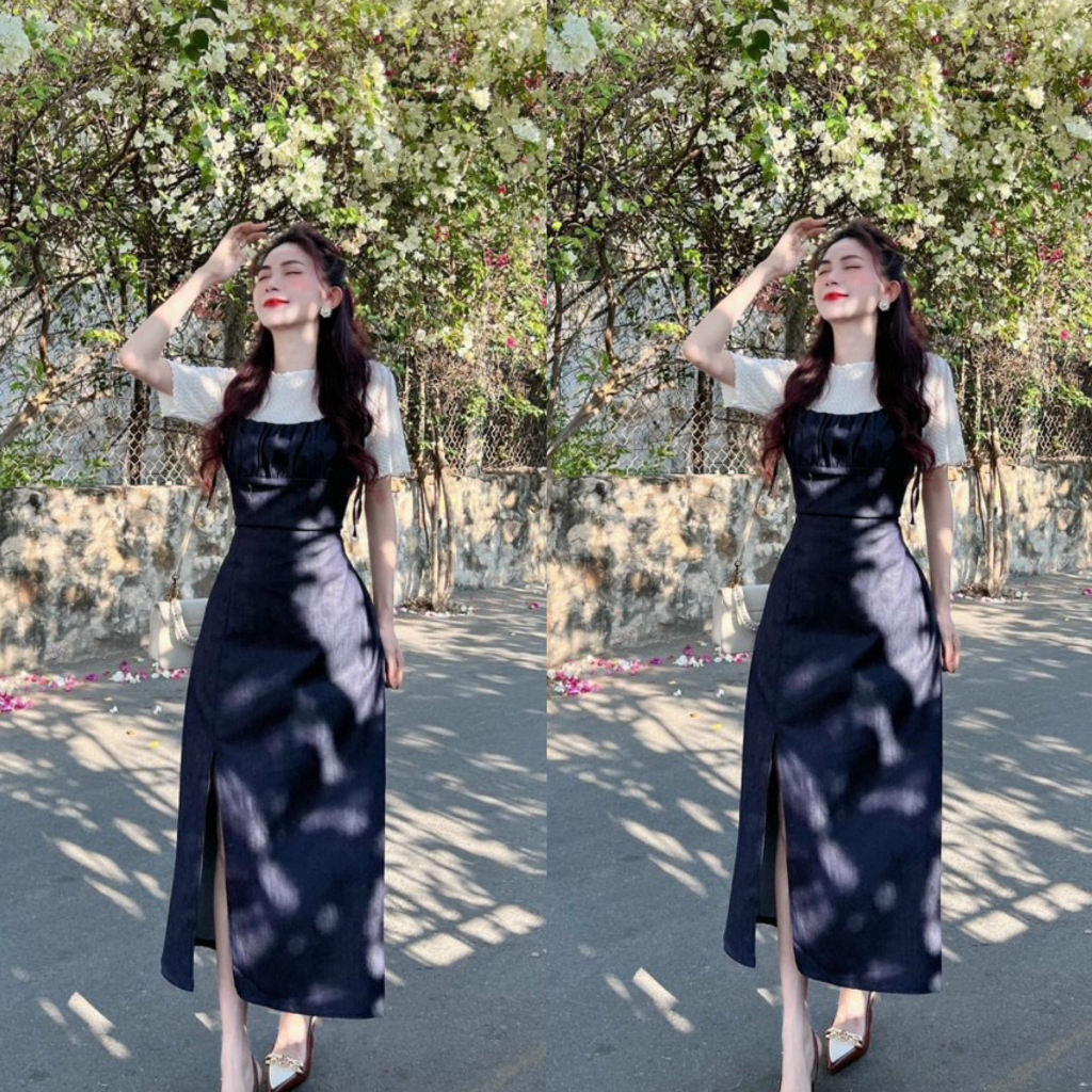 Set yếm jean thân dài xẻ tà xếp ly ngực kèm áo borip cực kì nữ tính, duyên dáng dành cho các nàng đi chơi