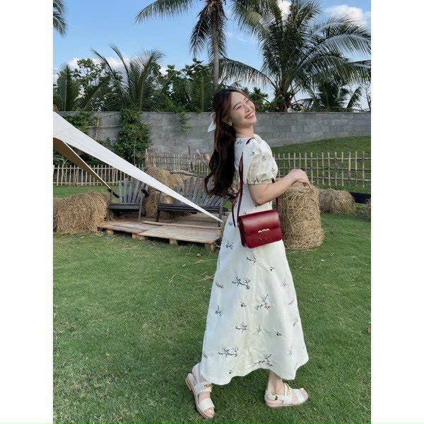 Đầm váy midi cổ V tay phồng hoa nhí xuông dài chiết eo lót lụa đi biển dự tiệc dạo phố bigsize giá rẻ đẹp cao cấp