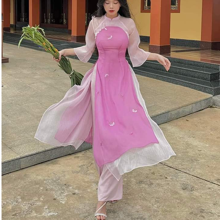 Áo dài cách tân thêu hoa cúc chi cao cấp mã V786