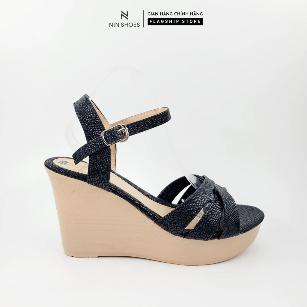 Sandal nữ Ninshoes cao gót 9 cm đế xuồng mũi tròn 3 quai đan chéo nhau sang trọng