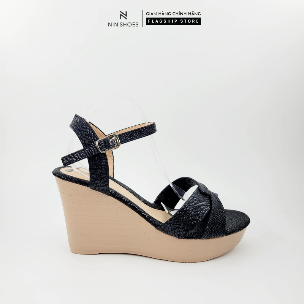 Sandal nữ Ninshoes cao gót 10 phân đế xuồng mũi tròn hai quai đan chéo nhau