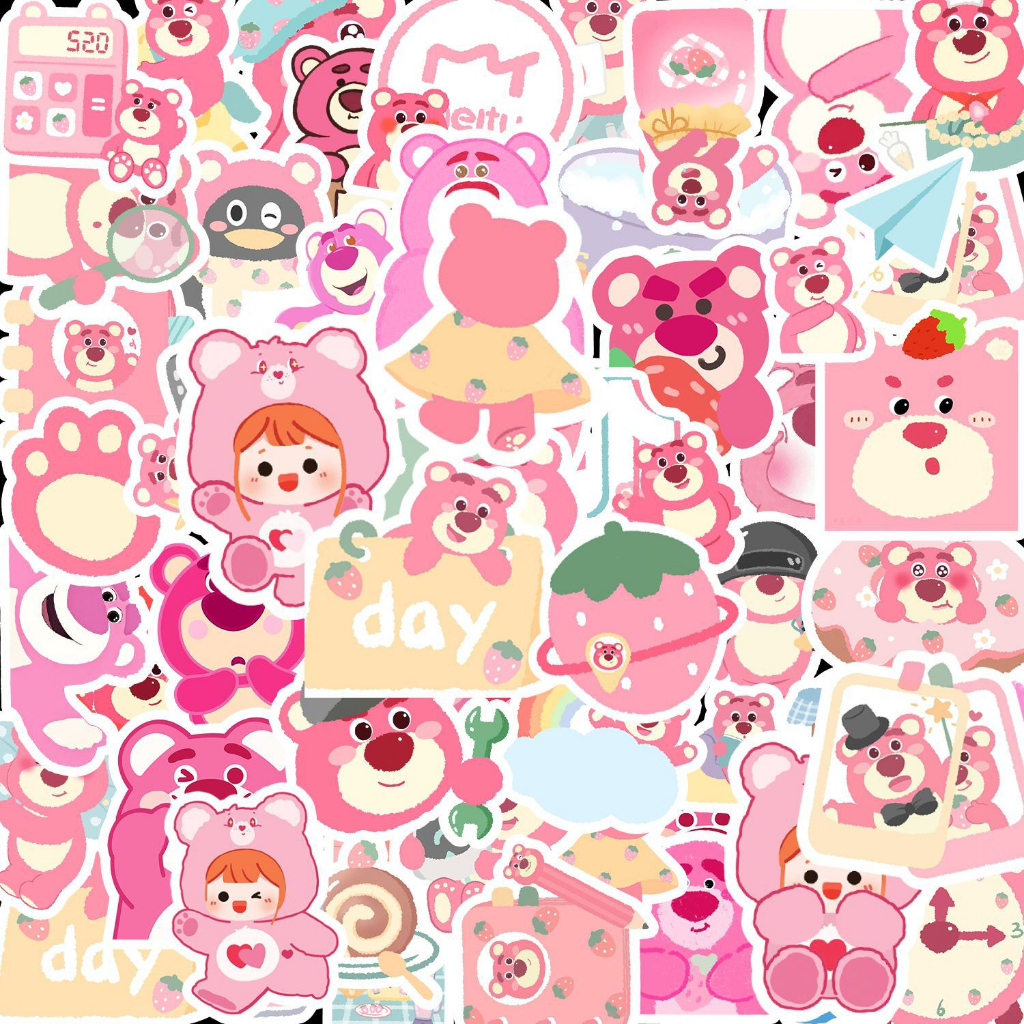 Sticker gấu  dâu cute dán laptop, mũ bảo hiểm chống nước, hình dán vali sét 50 miếng