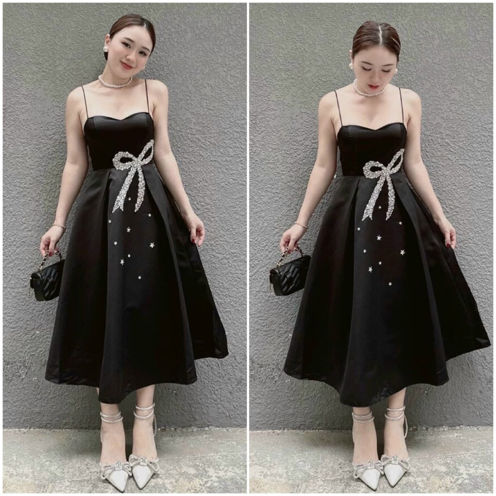 Đầm váy nữ hai dây cúp ngực dáng váy xòe dài đính nơ eo tôn dáng dành cho các nàng đi tiệc, hẹn hò siêu xinh, sang chảnh