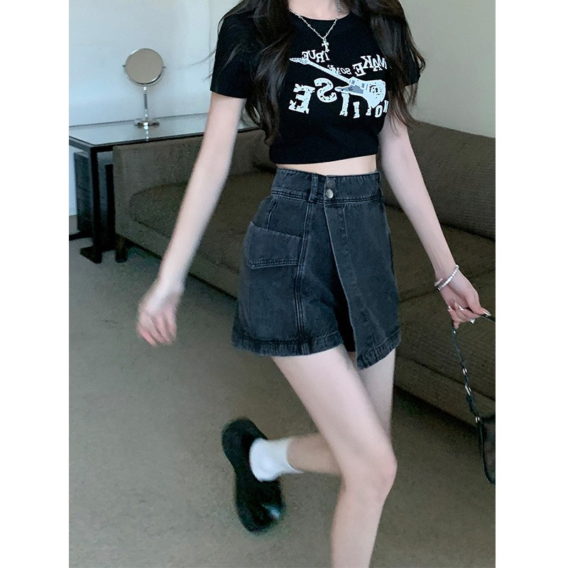 Chân váy Jeans giả quần khuy chéo siêu dày dặn basic thời trang Hàn Quốc