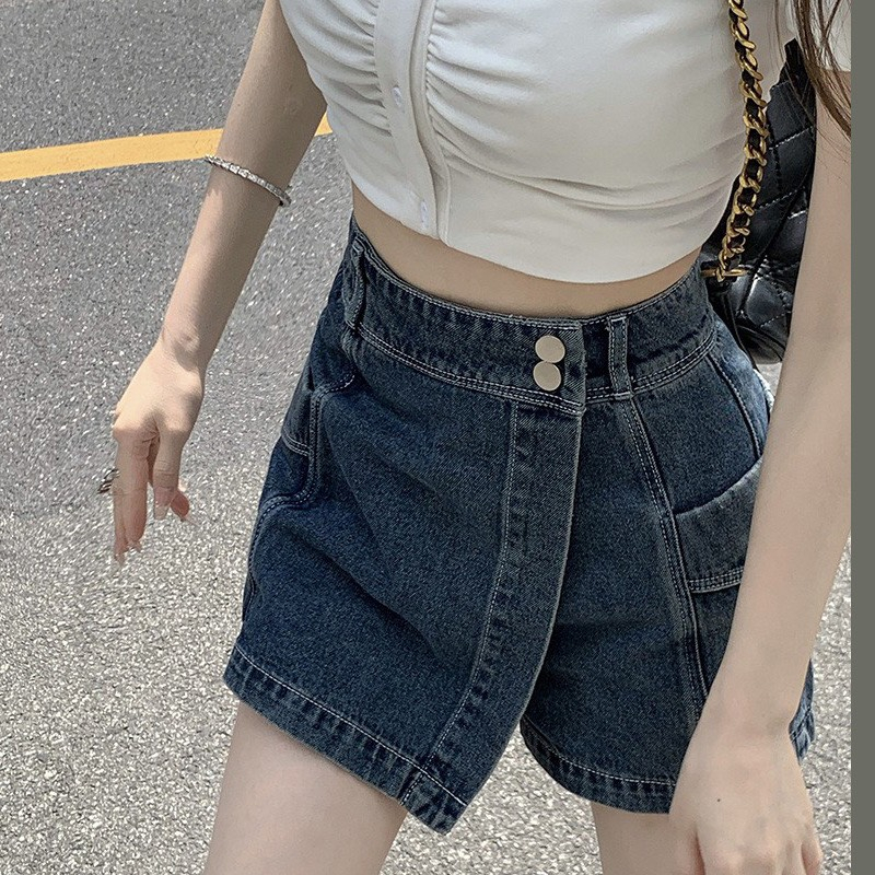 Chân váy Jeans giả quần khuy chéo siêu dày dặn basic thời trang Hàn Quốc | BigBuy360 - bigbuy360.vn
