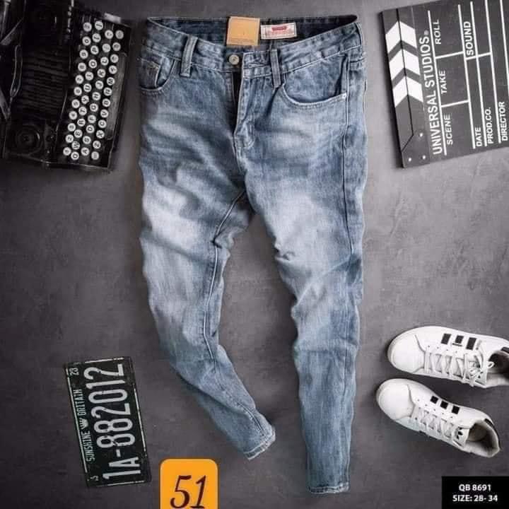 Quần Jean Nam màu xanh trơn chất liệu denim co giản 4 chiều chuẩn from dáng chuẩn size nhiều mẫu mã mới đẹp MS51