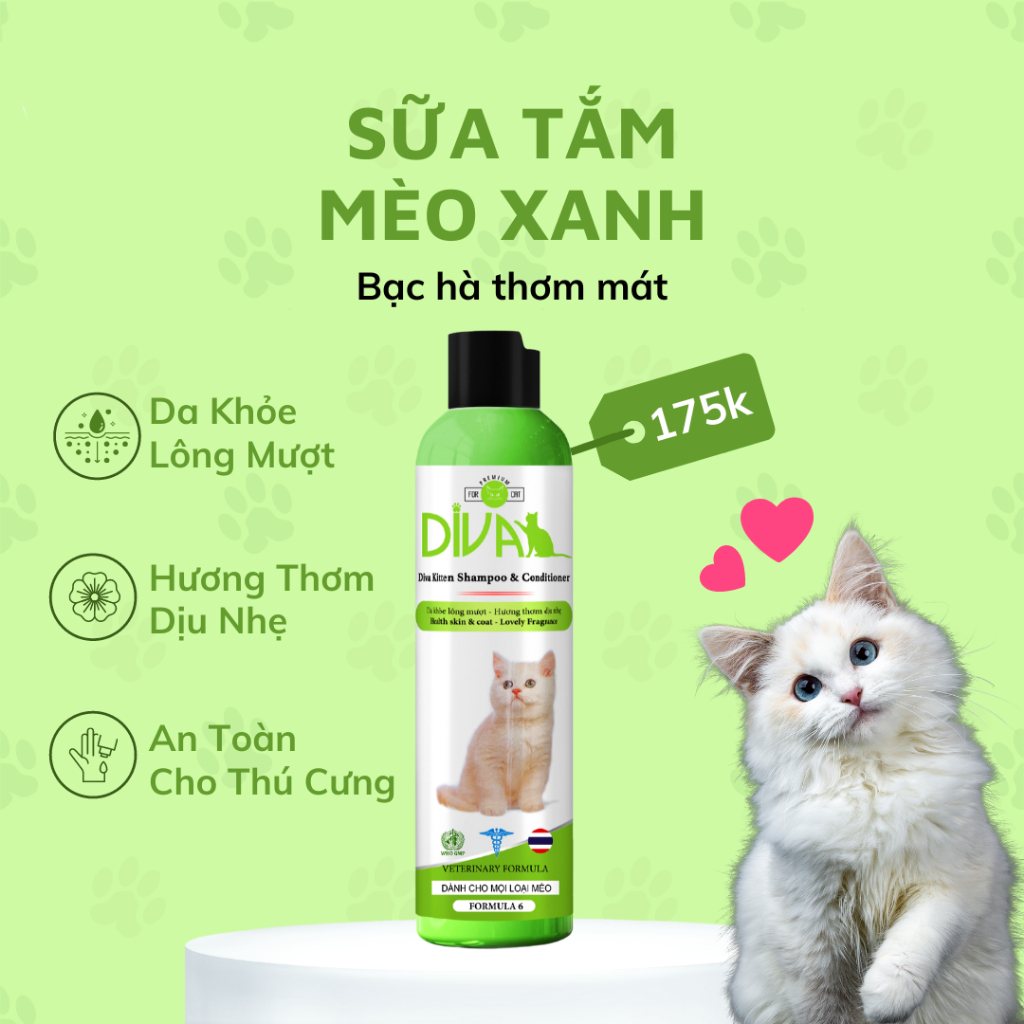 Sữa tắm dưỡng lông, khử mùi cho mèo Diva xanh 260ml