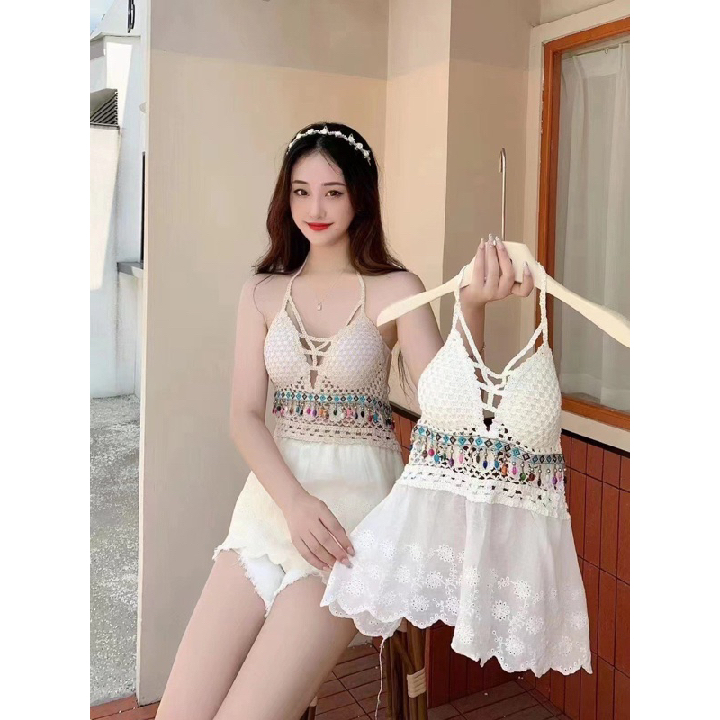 Áo bra len móc phối vải boy bikini đi biển cực xinh