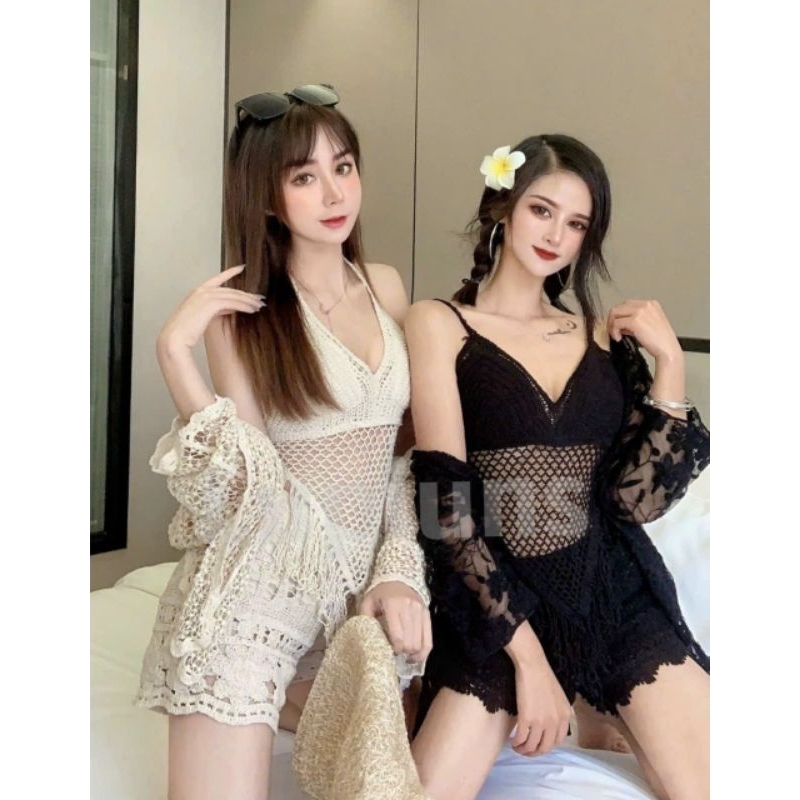 Set 3 món đi biển quần short áo bra dây vạt tam giác kèm khoác tay dài 0604