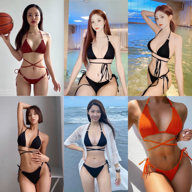 [BKN1188] <ÂU> SET BIKINI TRIANGLE ĐAN DÂY EO VẢI GÂN TRẮNG/CAM/NÂU/ĐEN( LỌT KHE)