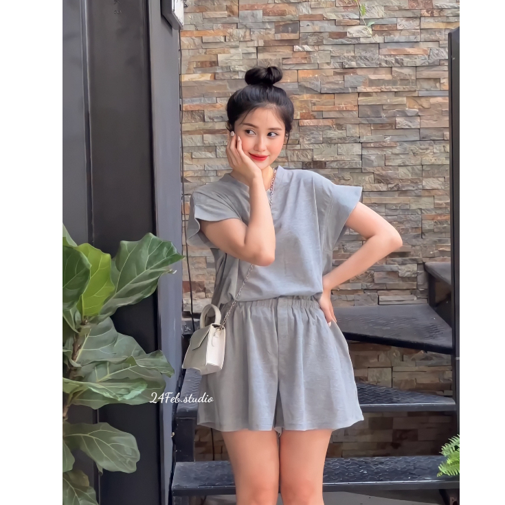 Set bộ áo tay hến kèm quần sooc phong cách basic Hàn Quốc