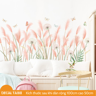 Decal dán tường, Tranh dán tường cỏ lau hồng trang trí chân tường phòng ngủ, phòng khách