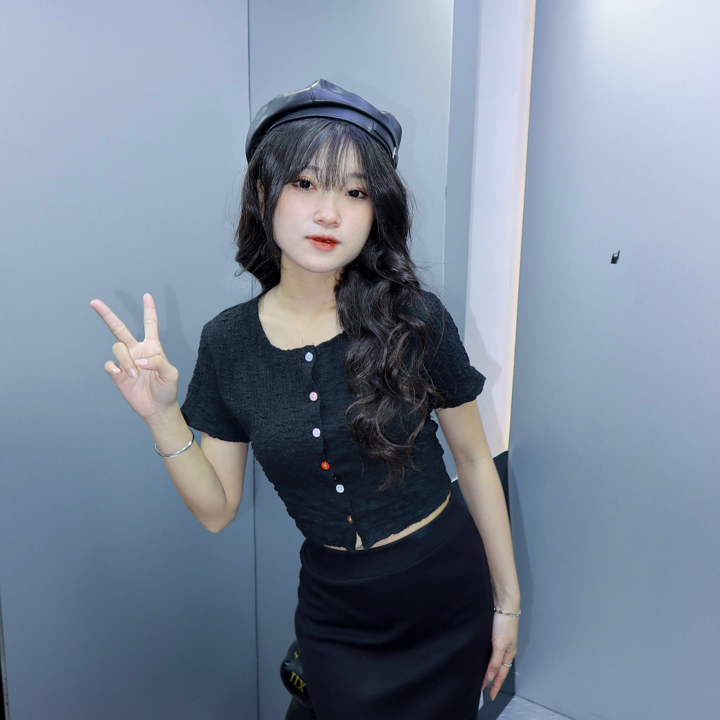 Áo Nữ Thun Nhún Tay Ngắn LP Nút Nhiều Màu Freesize