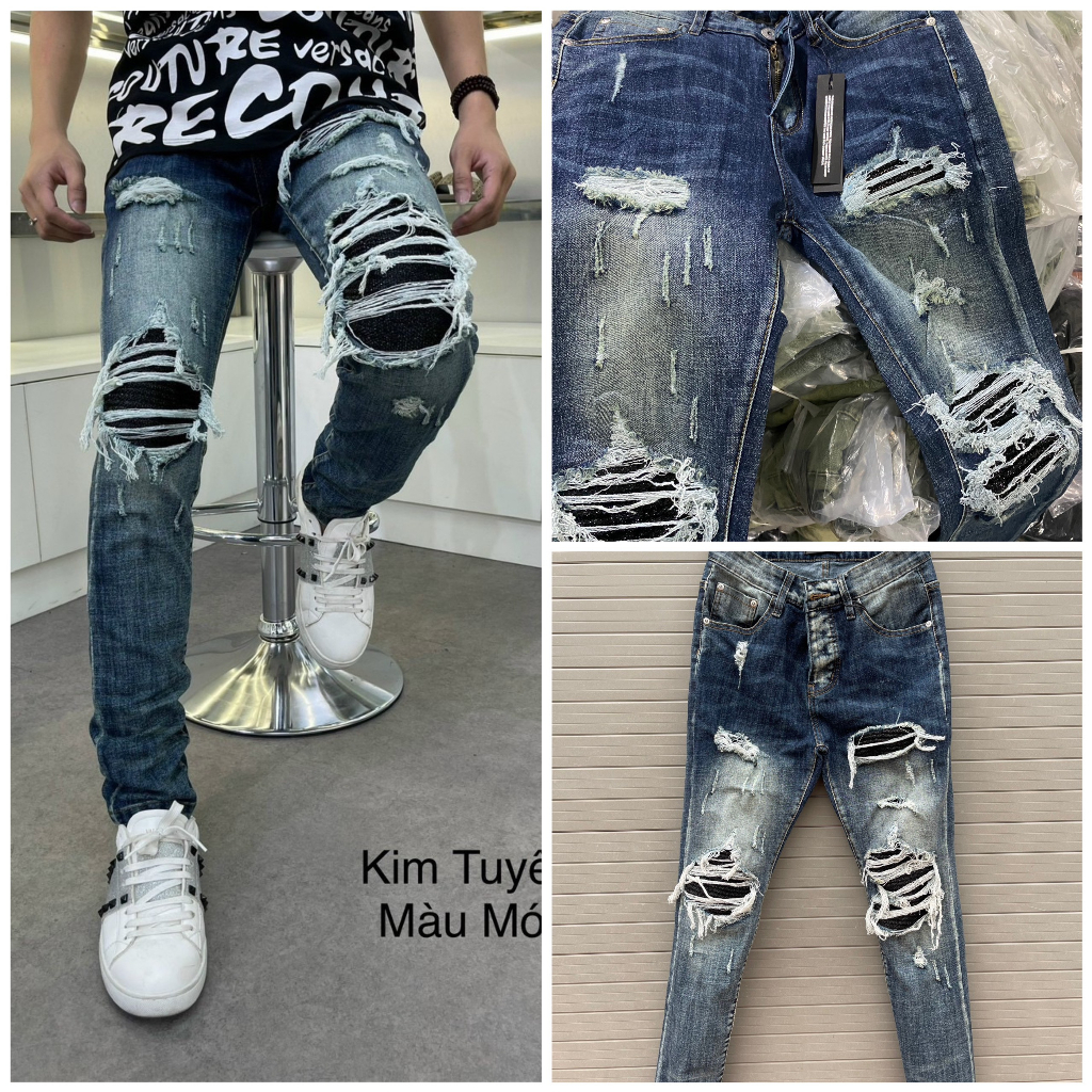 Ảnh thật + video / quần dài amiri nam xanh vá đen kim tuyến siêu rẻ