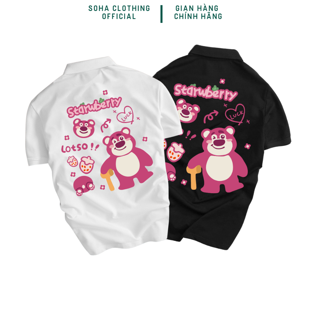 Áo thun polo gấu Lotso màu đen trắng với kiểu dáng slim fit và chất liệu vải cá sấu l PLLS2