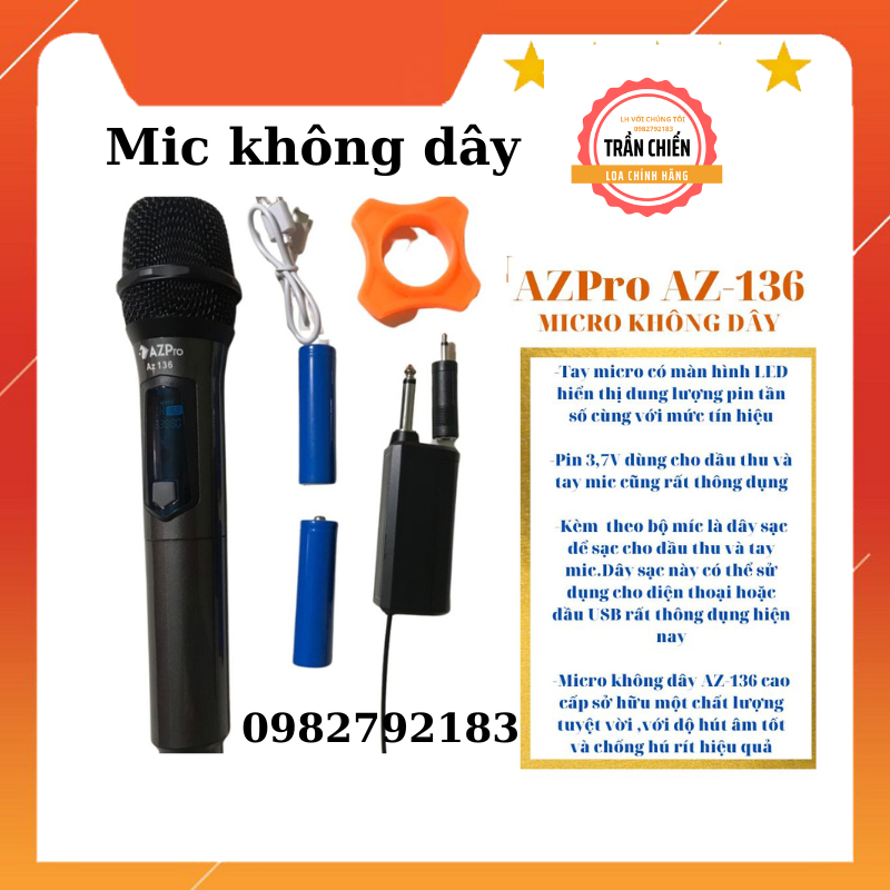 Micro AZPRO AZ-136 ,bộ 1mic không dây bluetooth karaoke cho loa kéo âm ly có tần số UHF