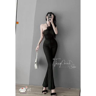 Set bộ nữ 2 món áo đính hoa kiểu nhúm dáng ngắn mix quần loe nữ dáng dài chất thun gân xinh xắn